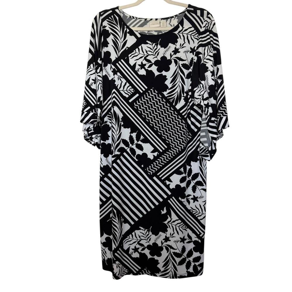 Chico's Black & White Print Short Split Sleeve Geo floral Dress Chicos 1 US M